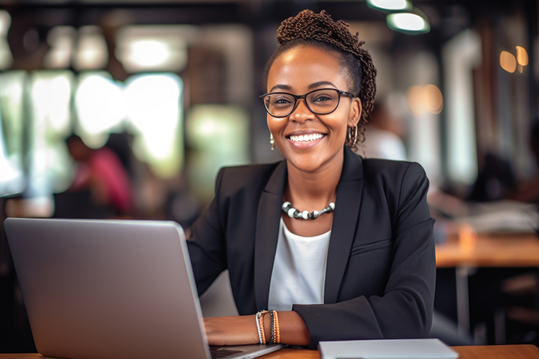 African American smiling behind a computer in a office setting