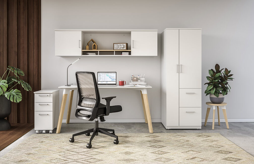 Stylish home office workstation with vertical and horizontal storage systems.