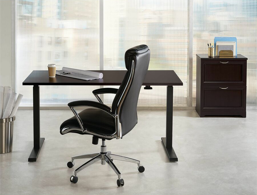 Adjustable height desk and office chair.